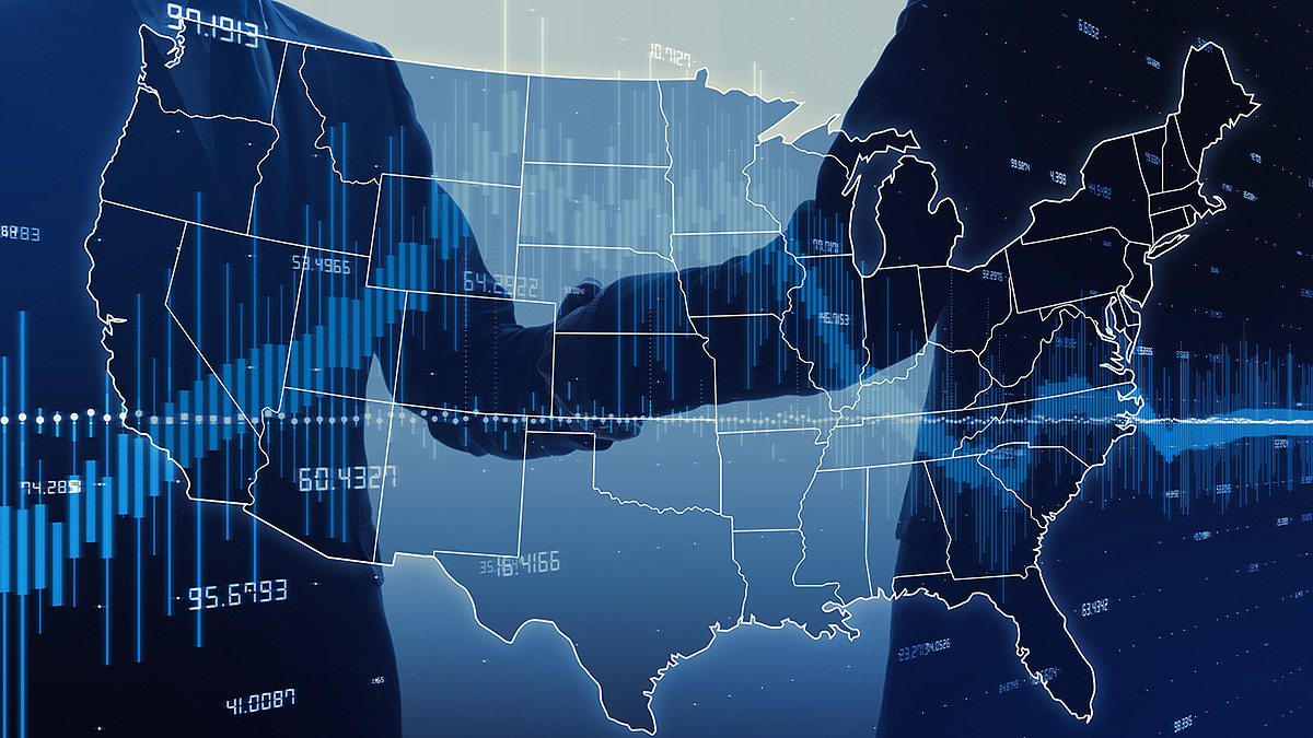Helping, shaking hands superimposed with a U.S. map with data.