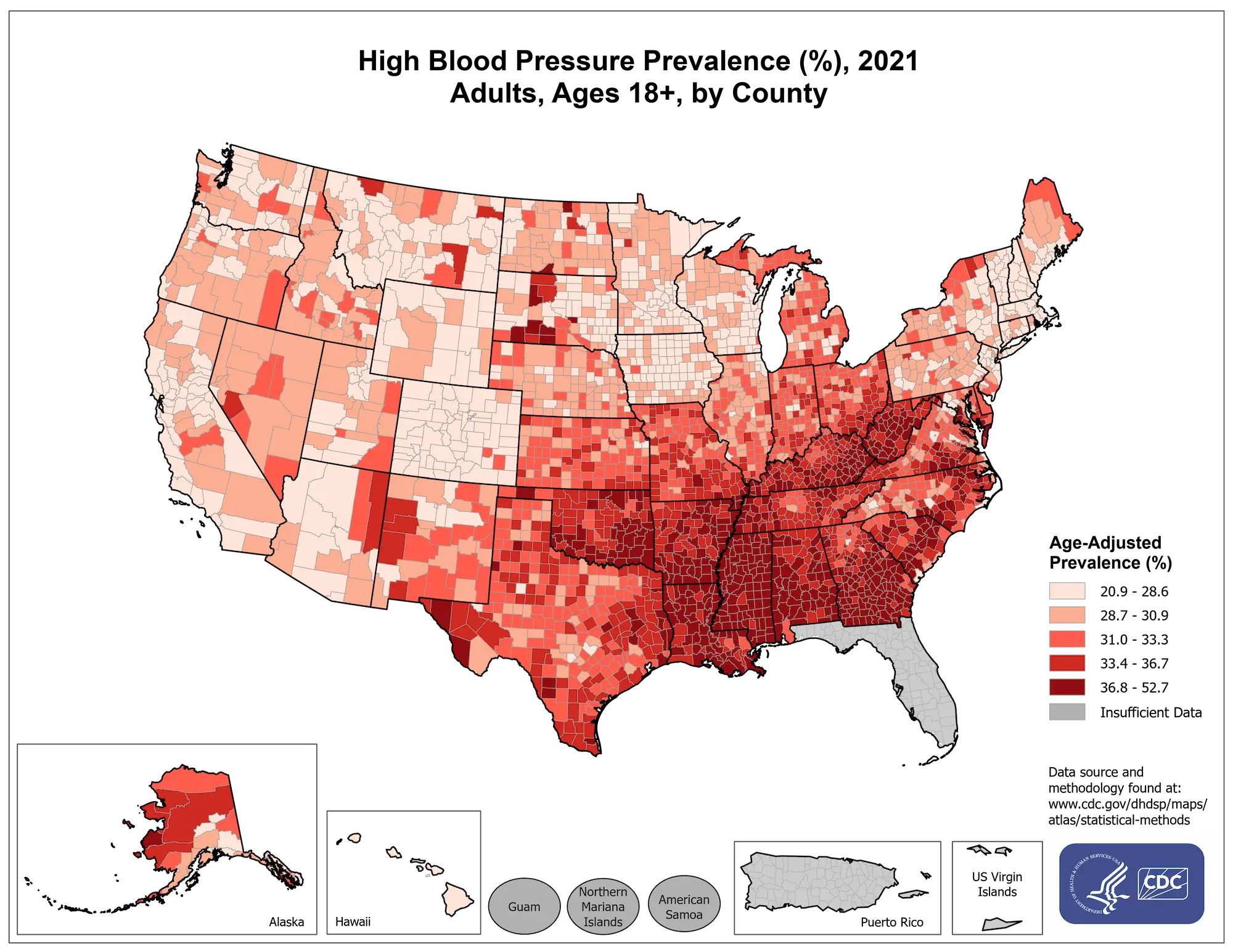 Hypertension prevalence in adults aged 18 and older in the US by county, 2018-2020