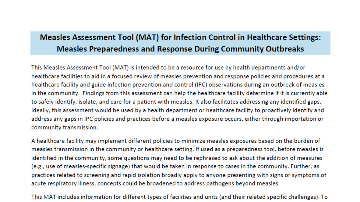 Measles Assessment Tool (MAT) for Infection Control in Healthcare Settings